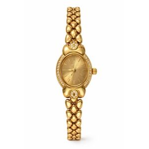 Vintage Gold Tone Heart Link Bracelet Watch Rhinestone Bezel Oval Dial Dressy